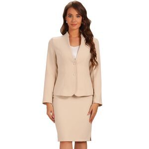 2pcs Business Sets for Collarless Blazer Pencil Skirt Suit Beige